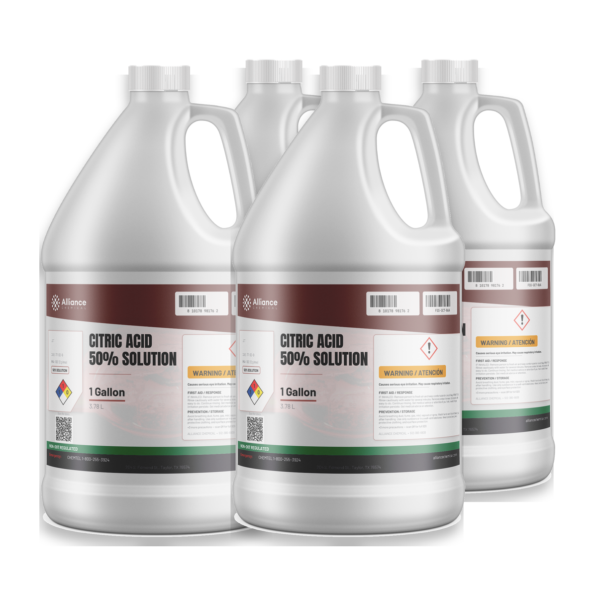 Technical grade Citric Acid 50% Solution in a case of four 1-gallon plastic jugs for industrial descaling, Alliance Chemical