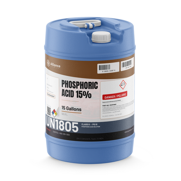Phosphoric Acid 15% ACS Reagent Grade in a blue 15-gallon plastic carboy, Alliance Chemical
