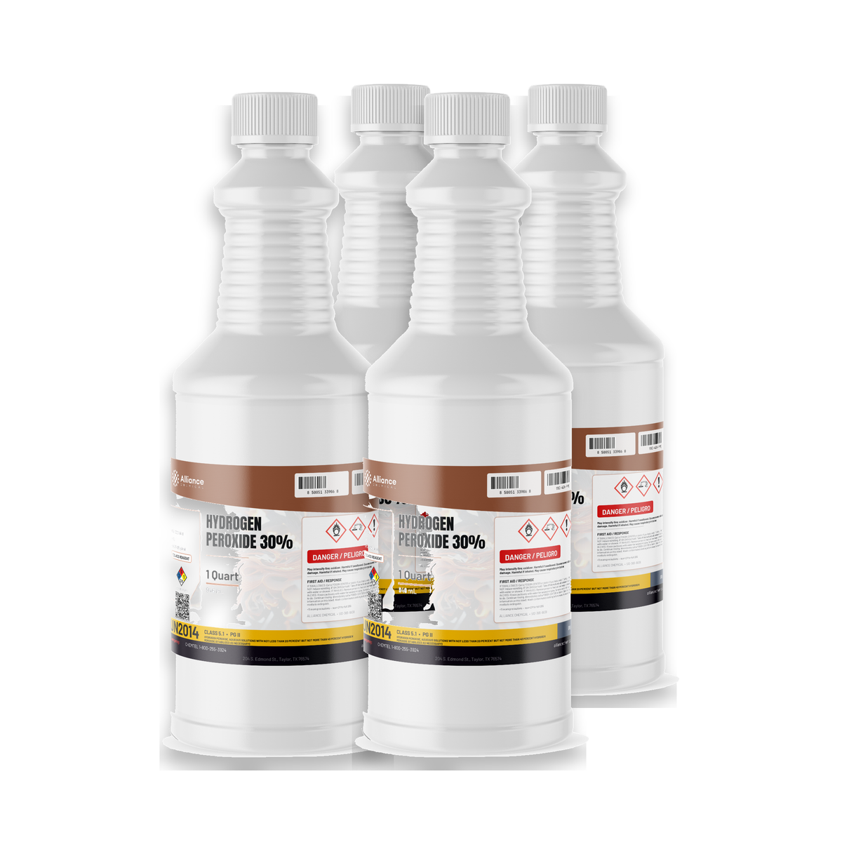 Hydrogen Peroxide 30% ACS Grade in four 1-quart plastic bottles for chemical synthesis, Alliance Chemical