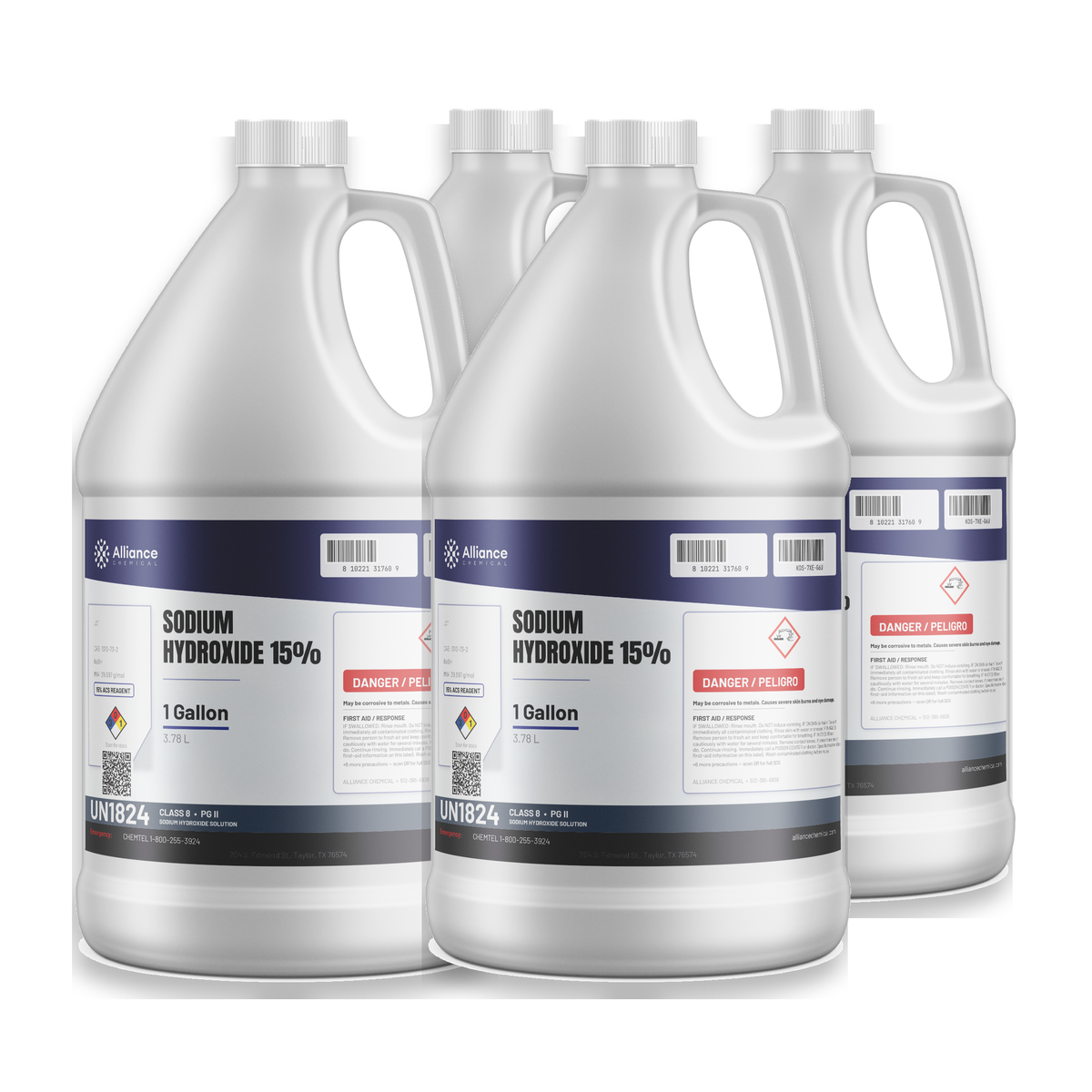 Sodium Hydroxide 15% ACS Grade case of four 1-gallon plastic jugs by Alliance Chemical
