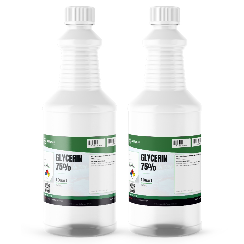 Glycerin 75% Food Grade in two 1-quart plastic bottles by Alliance Chemical for food and beverage formulations