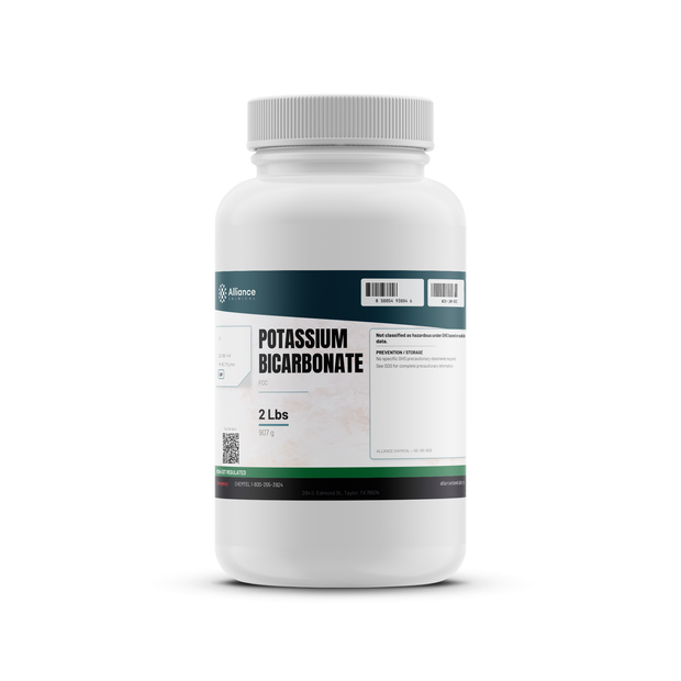 Potassium Bicarbonate FCC USP Grade in a 2-lb white plastic bottle, Alliance Chemical
