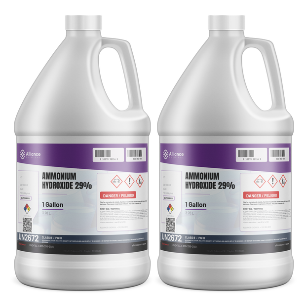 Ammonium Hydroxide 29% Technical Grade in two 1-gallon jugs from Alliance Chemical for wastewater pH neutralization