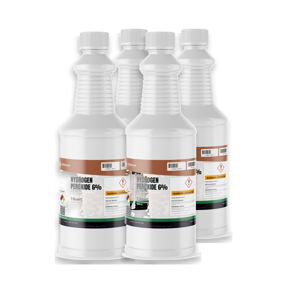 Hydrogen Peroxide 6% ACS Grade in a case of four 1-quart plastic bottles, Alliance Chemical