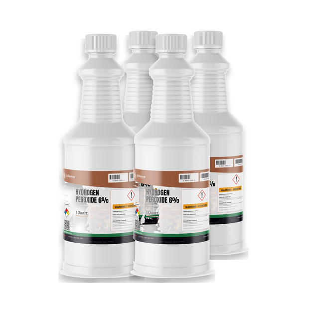 Hydrogen Peroxide 6% ACS Grade in a case of four 1-quart plastic bottles, Alliance Chemical