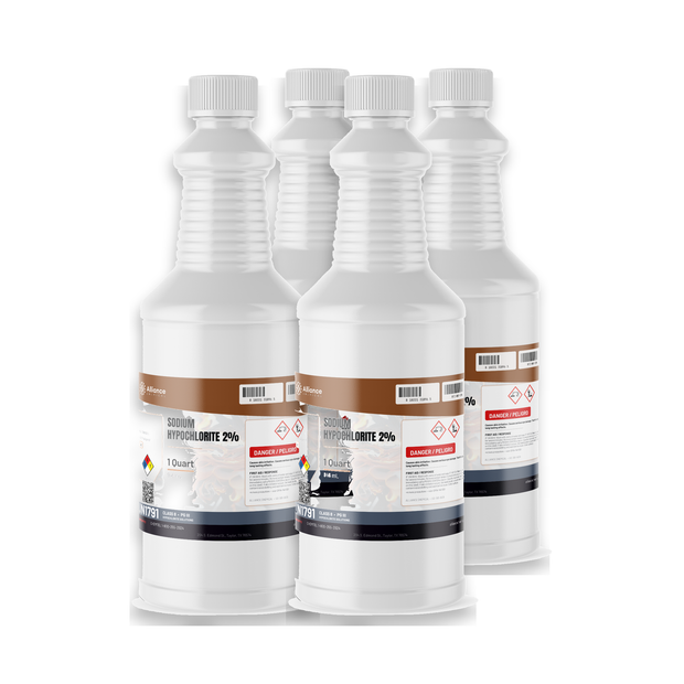 Sodium Hypochlorite 2% technical grade in four 1-quart plastic bottles, Alliance Chemical