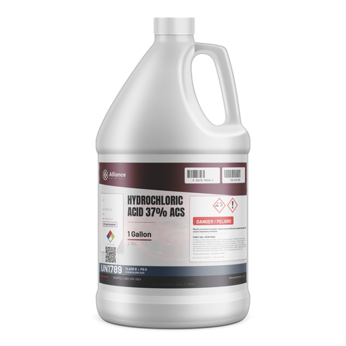 Hydrochloric Acid 37% ACS Reagent Grade in a 1-gallon jug from Alliance Chemical for metal pickling