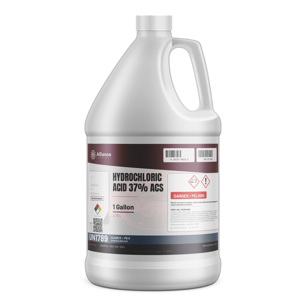 Hydrochloric Acid 37% ACS Reagent Grade in a 1-gallon plastic jug, Alliance Chemical, for chemical synthesis and metal pickling