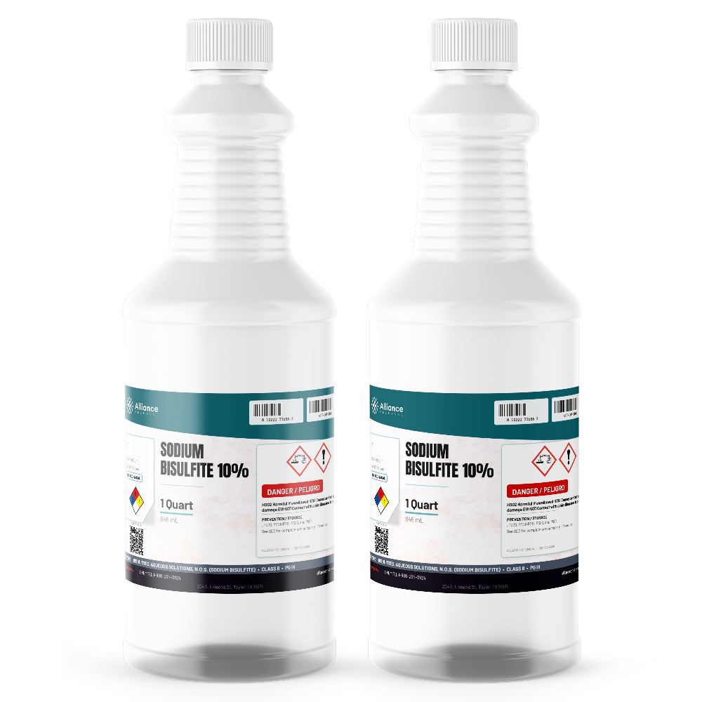 Sodium Bisulfite 10% Technical Grade in two 1-quart plastic bottles, Alliance Chemical