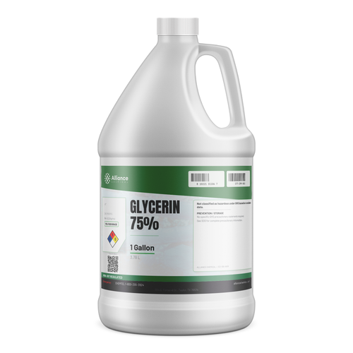 Glycerin 75% Food Grade in a 1-gallon plastic jug for food and beverage formulations, Alliance Chemical