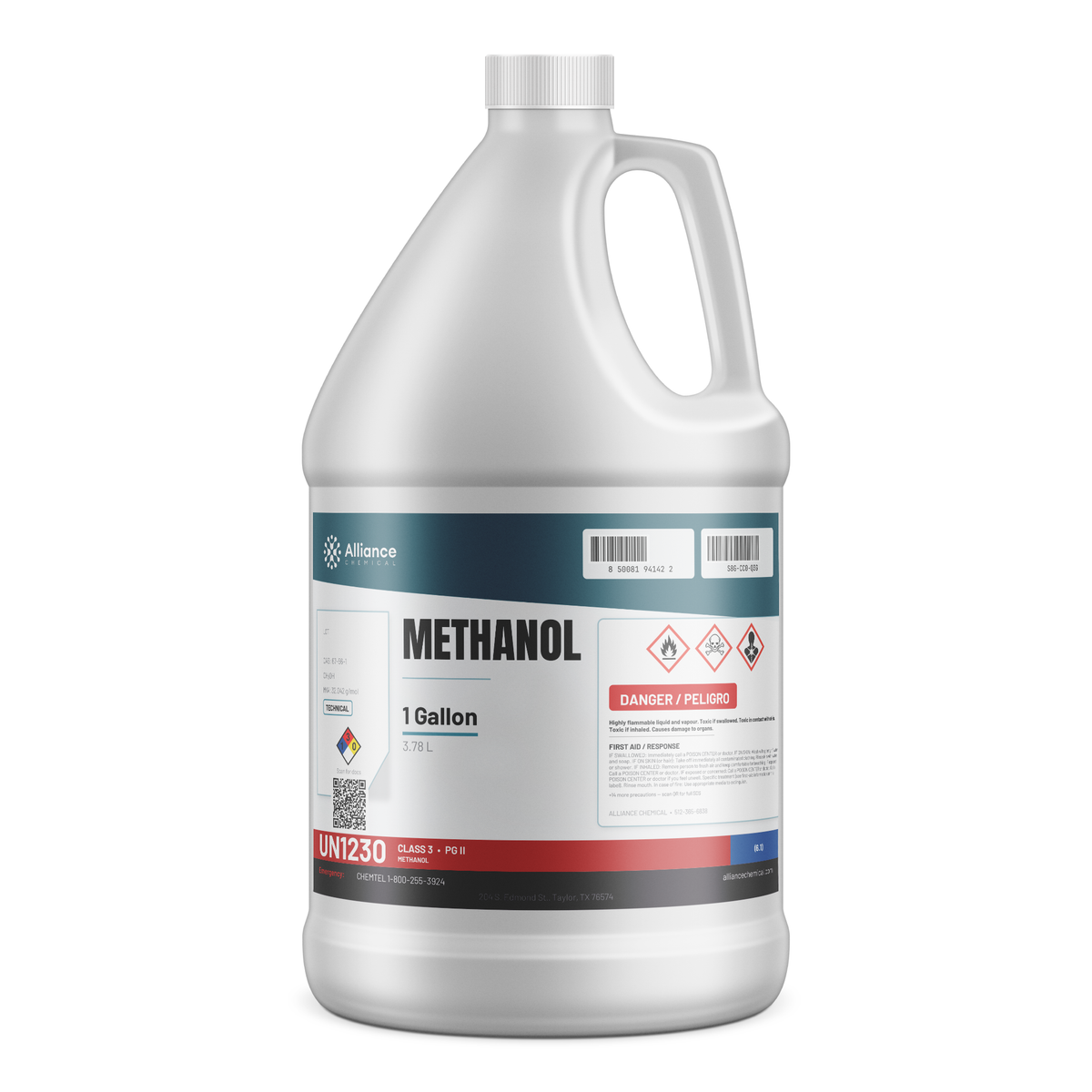 Methanol Technical Grade in a 1-gallon plastic jug for industrial chemical synthesis and solvent applications, Alliance Chemical