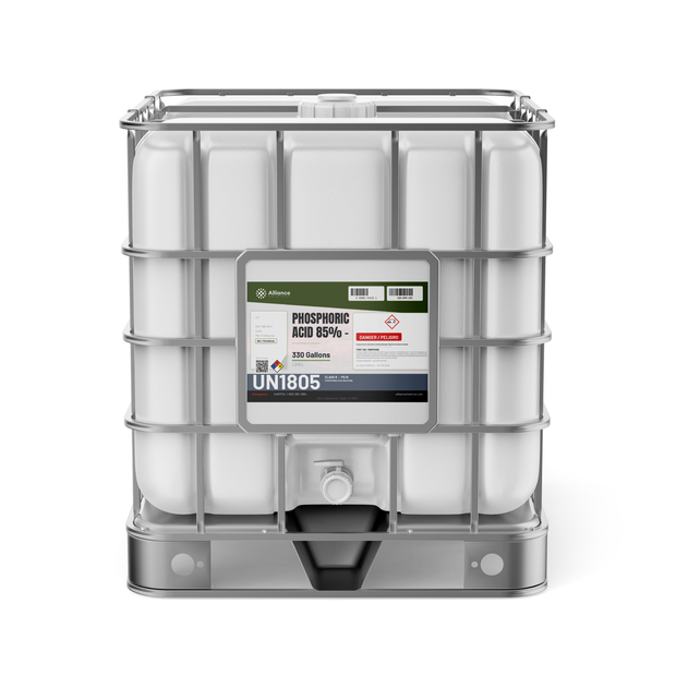 Phosphoric Acid 85% Technical Grade 330-gallon IBC tote from Alliance Chemical for metal surface preparation and rust prevention