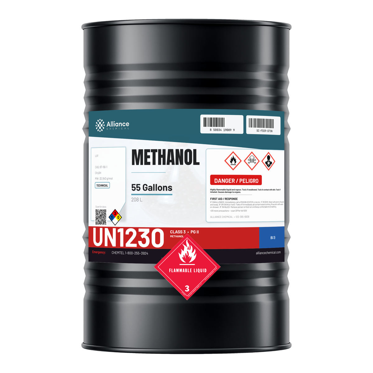 Methanol Technical Grade in a 55-gallon drum, Alliance Chemical for chemical synthesis feedstock and industrial solvent use