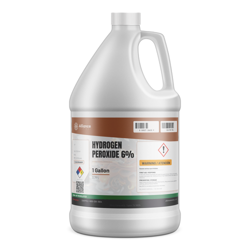 Hydrogen Peroxide 6% ACS Reagent Grade in a 1-gallon white jug, Alliance Chemical