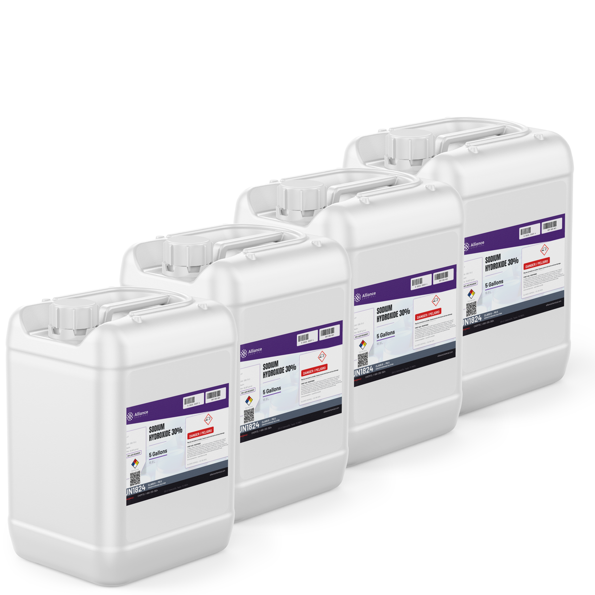 Sodium Hydroxide 30% ACS Grade in four 5-gallon white plastic jugs, Alliance Chemical