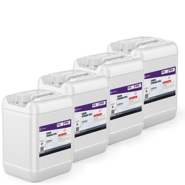 Sodium Hydroxide 30% ACS Grade in four 5-gallon white plastic jugs, Alliance Chemical