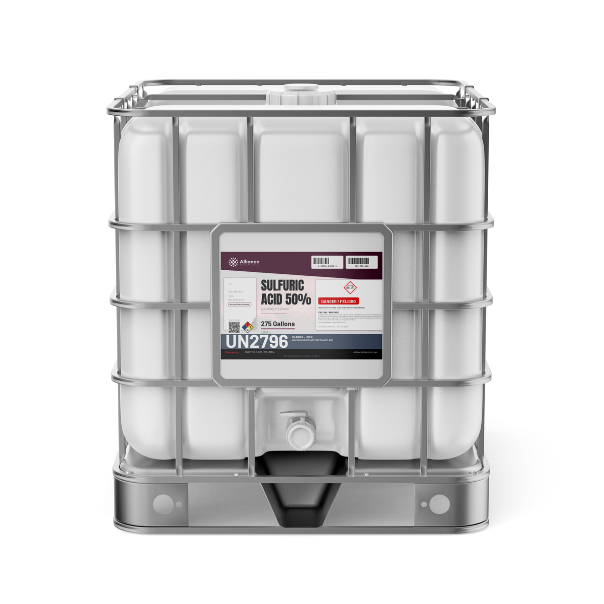 Sulfuric acid 50% electrolyte grade in a 275-gallon IBC tote from Alliance Chemical for battery electrolyte