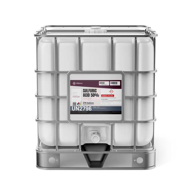 Sulfuric acid 50% electrolyte grade in a 275-gallon IBC tote from Alliance Chemical for battery electrolyte