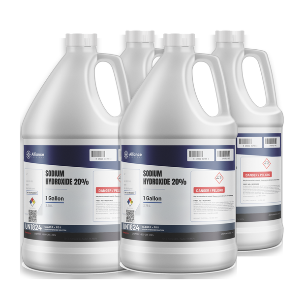 Sodium Hydroxide 20% ACS Reagent Grade in four 1-gallon plastic jugs, Alliance Chemical