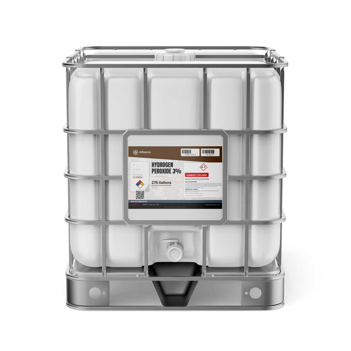 Hydrogen Peroxide 3% Technical Grade in a 275-gallon IBC tote from Alliance Chemical for water treatment