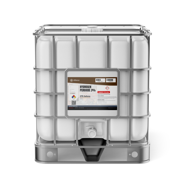 Hydrogen Peroxide 3% Technical Grade in a 275-gallon IBC tote from Alliance Chemical for water treatment