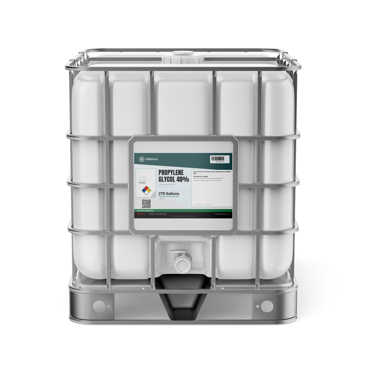Propylene Glycol 40% USP Grade in a 275-gallon IBC tote with steel cage, Alliance Chemical