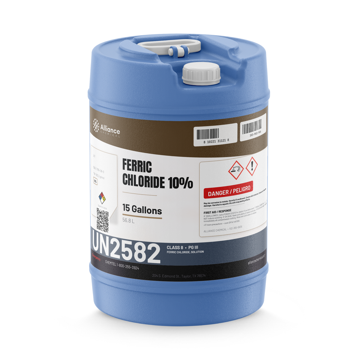 Ferric chloride 10% technical grade in a 15-gallon blue plastic carboy from Alliance Chemical