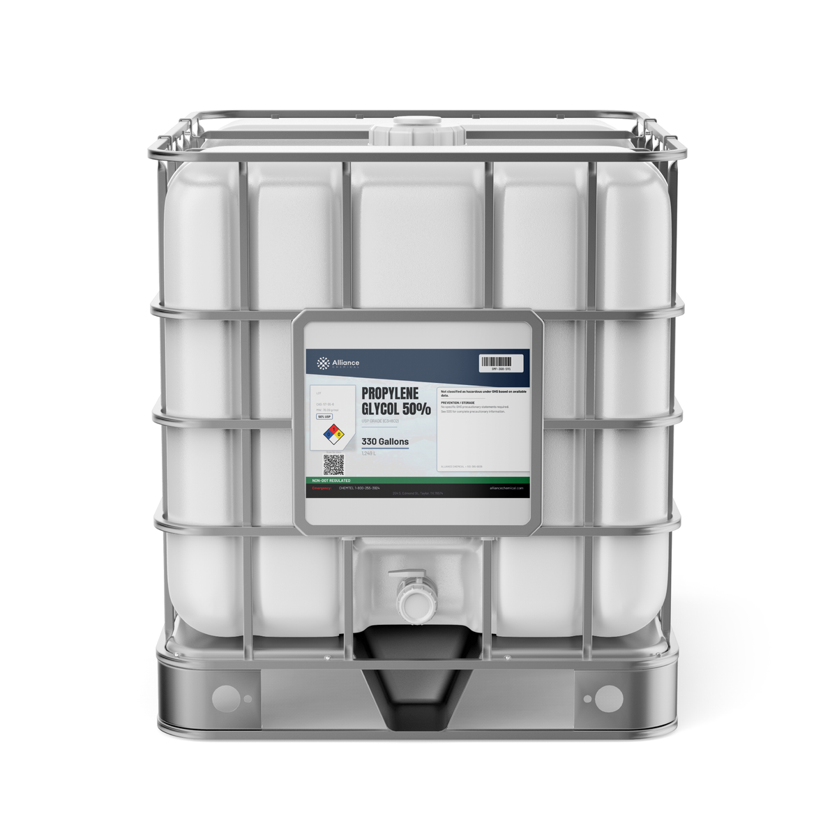 Propylene Glycol 50% USP Grade in a 330-gallon IBC tote with protective metal cage, Alliance Chemical