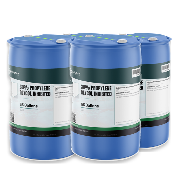 30% Propylene Glycol Inhibited in four 55-gallon blue plastic drums for closed-loop HVAC freeze protection, Alliance Chemical