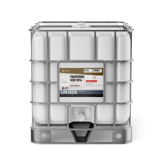 Phosphoric Acid 10% Technical Grade in a caged 275-gallon IBC tote from Alliance Chemical