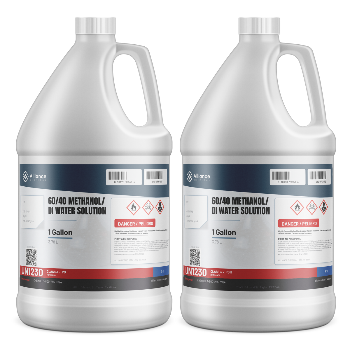 60/40 Methanol/DI Water Solution, Technical Grade, two 1-gallon plastic jugs, Alliance Chemical