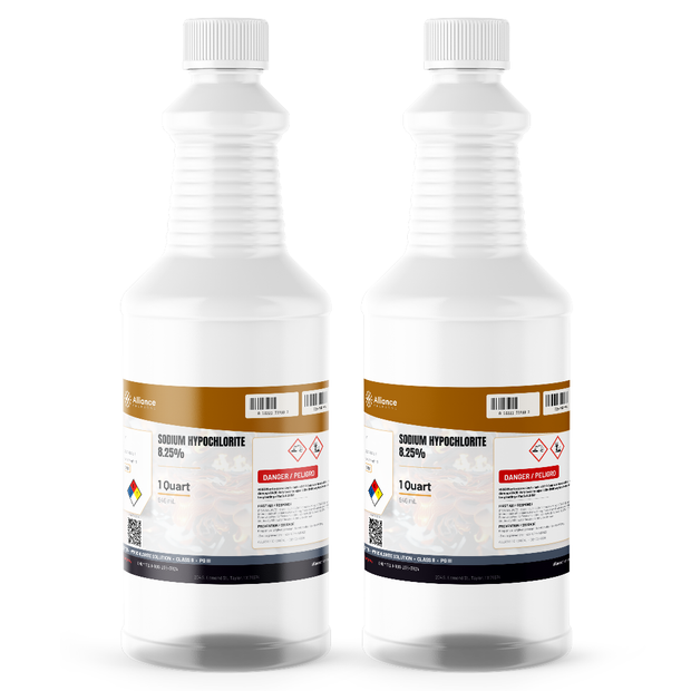 Sodium hypochlorite 8.25% technical grade in two 1-quart plastic bottles from Alliance Chemical