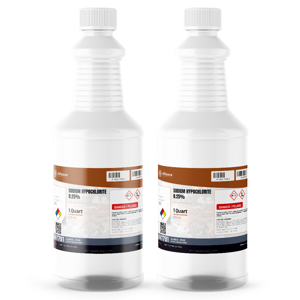 Sodium Hypochlorite 8.25% technical grade in two 1-quart plastic bottles from Alliance Chemical