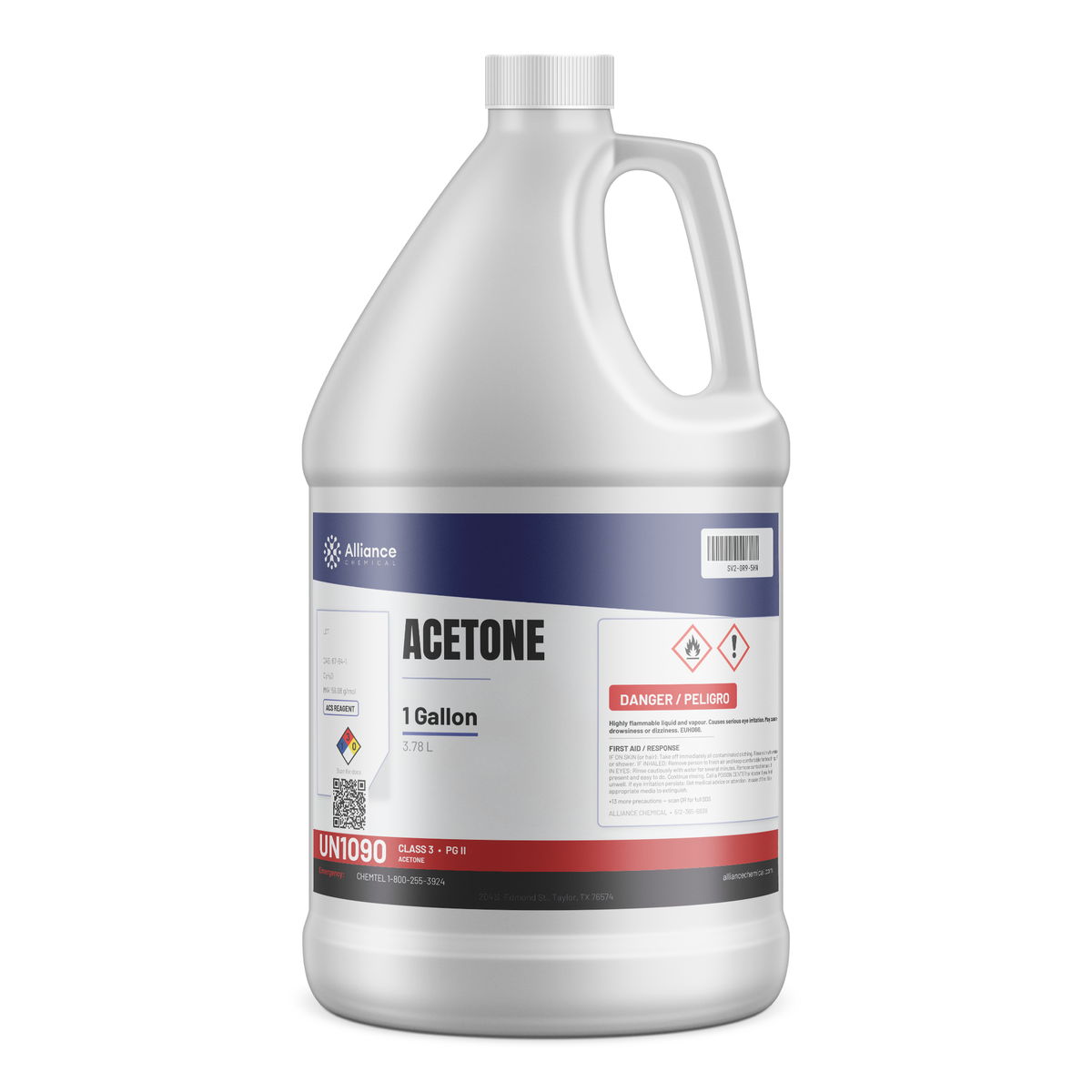 Acetone ACS Reagent Grade in a 1-gallon plastic jug for laboratory cleaning and glassware drying, Alliance Chemical