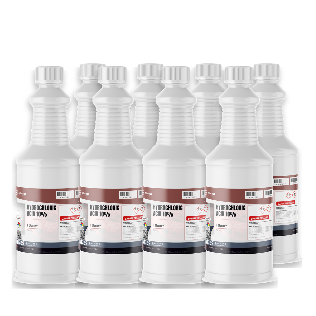 Hydrochloric Acid 10% ACS Grade in eight 1-quart plastic bottles from Alliance Chemical