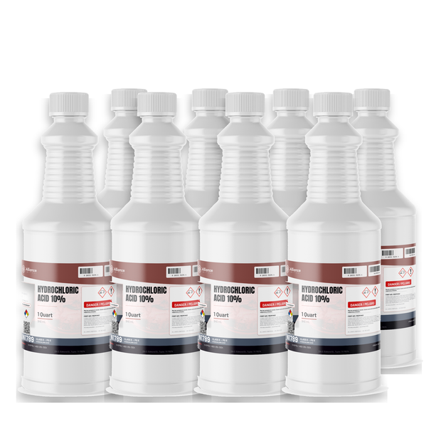 Hydrochloric Acid 10% ACS Grade in eight 1-quart plastic bottles from Alliance Chemical