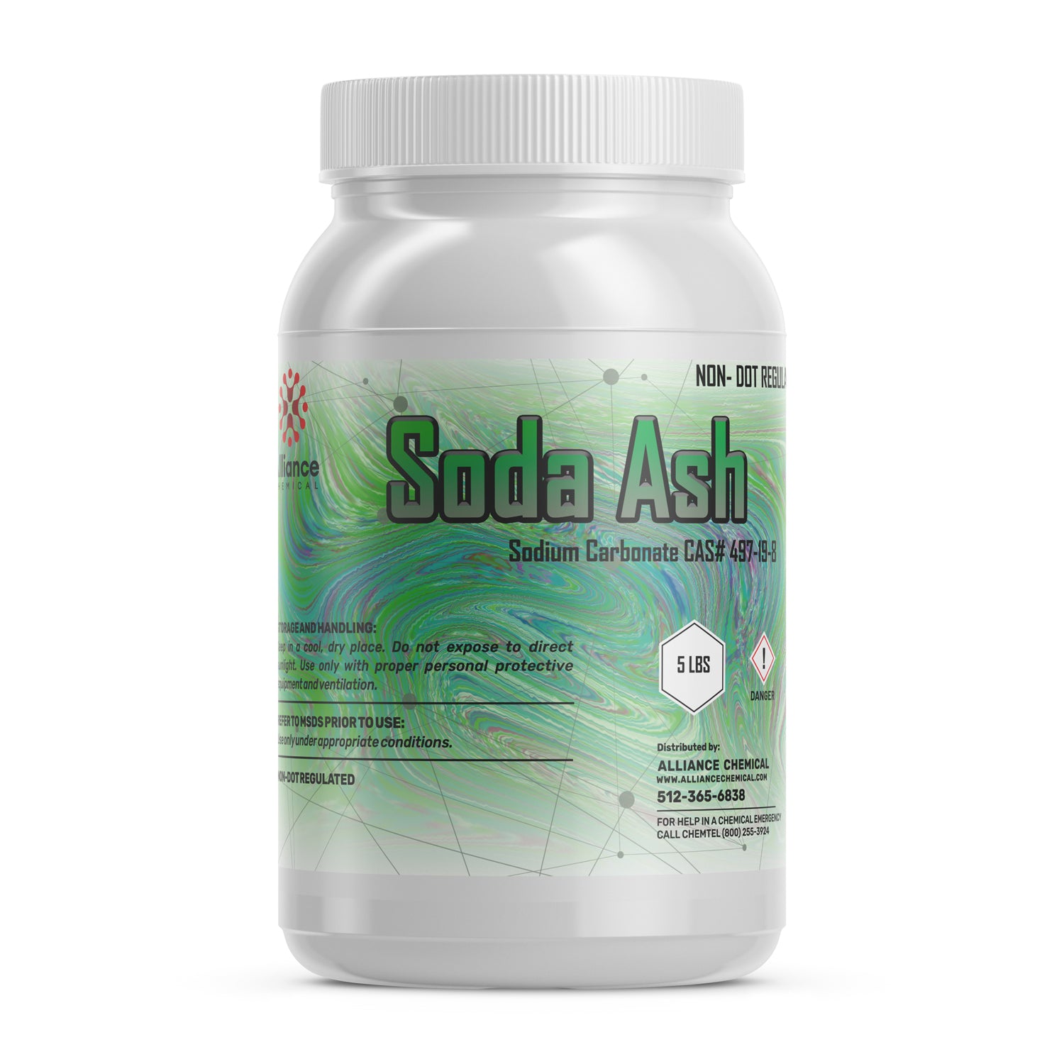 5lb Soda Ash (Sodium Carbonate CAS# 497-19-8) in white HDPE container with green gradient label, hazard class 1 symbol, non-DOT regulated.