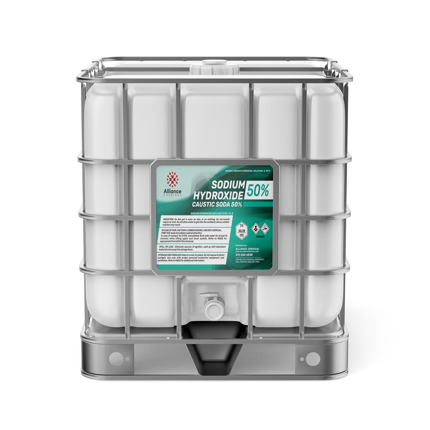 275-gallon IBC tote of 50% Sodium Hydroxide (Caustic Soda) with reinforced cage, chemical hazard symbols, Alliance Chemical label, and bottom discharge valve.