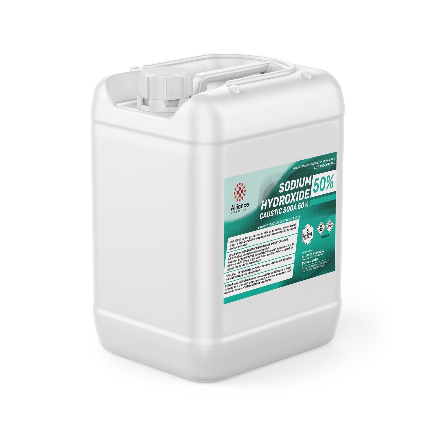 5-gallon white HDPE container of 50% Sodium Hydroxide (Caustic Soda) from Alliance Chemical, featuring green safety label and hazard warning symbols.