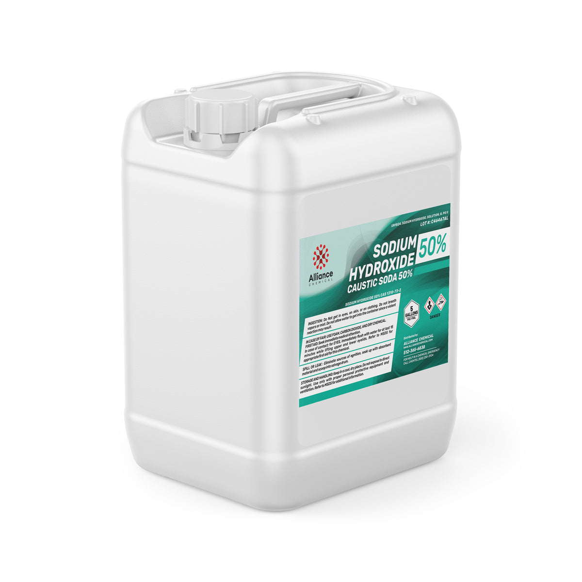 5-gallon HDPE container of 50% Sodium Hydroxide (Caustic Soda) from Alliance Chemical