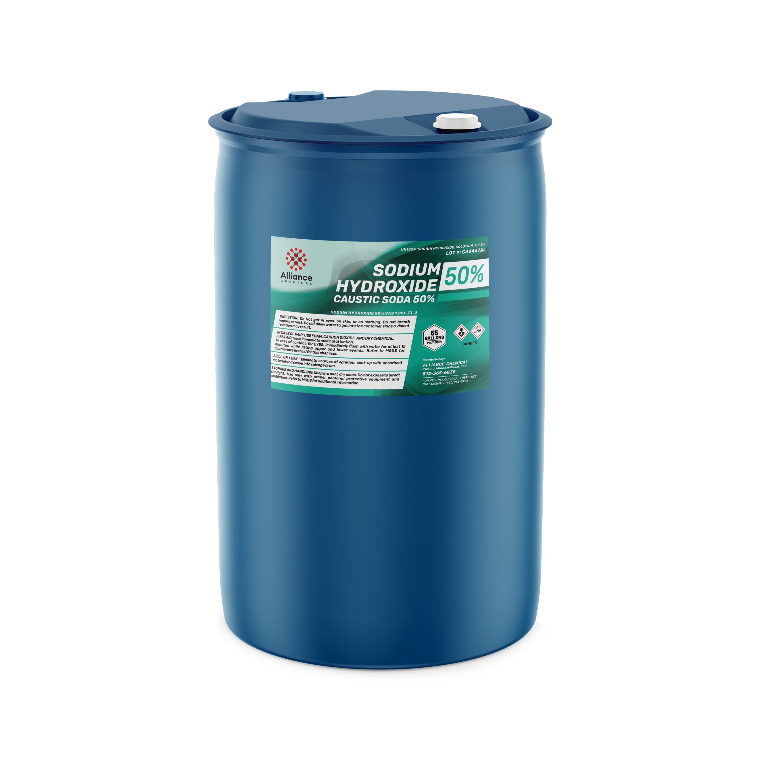 55-gallon blue HDPE drum of 50% Sodium Hydroxide (Caustic Soda) by Alliance Chemical, featuring GHS hazard symbols and membrane-grade specifications.