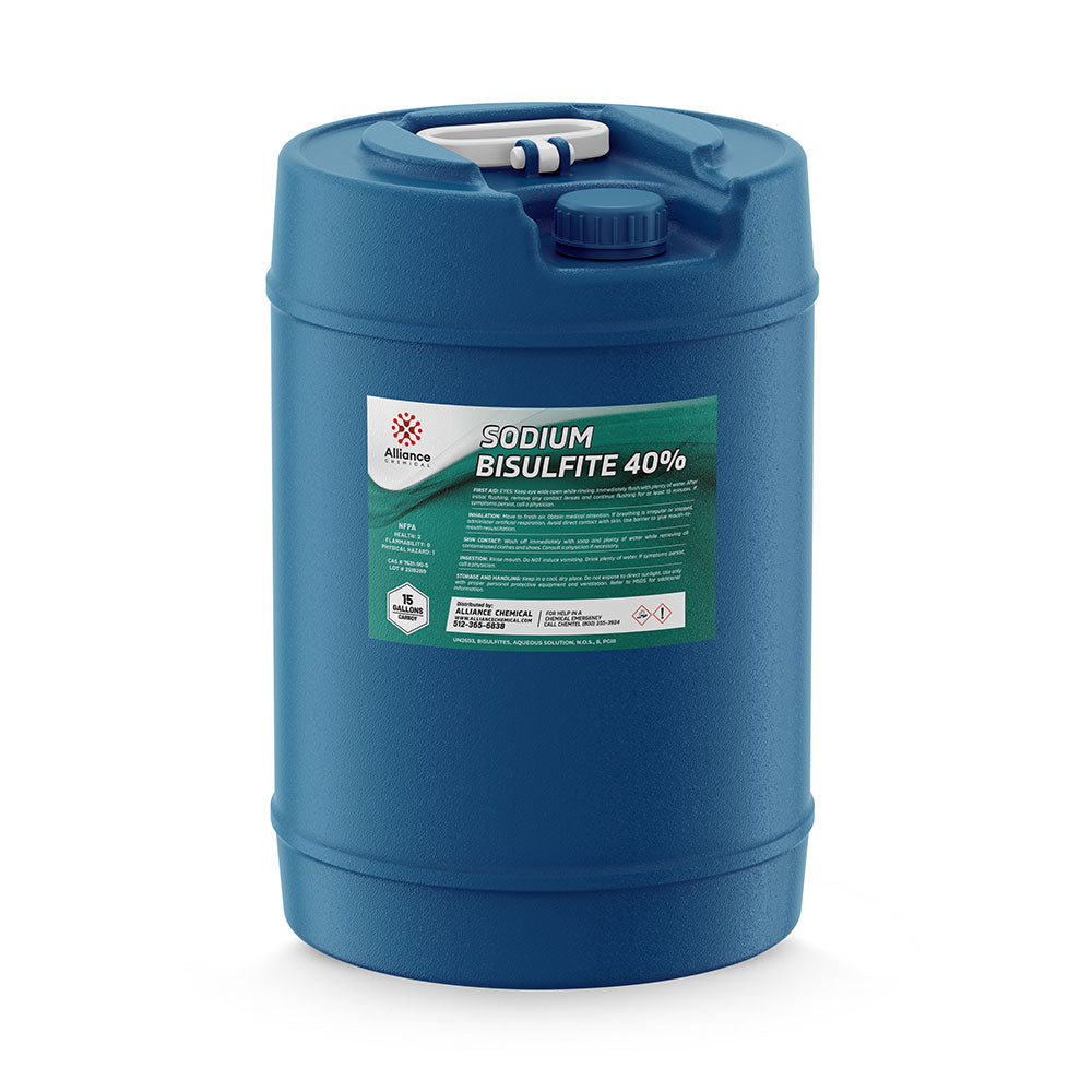 15-gallon blue HDPE carboy of Sodium Bisulfite 40% solution with chemical hazard symbols, white handle, and Alliance Chemical label.