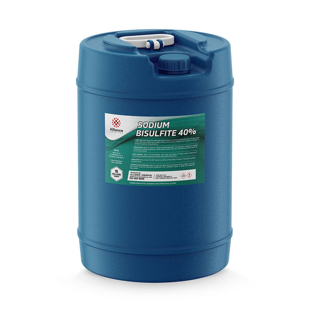 15-gallon HDPE carboy of Sodium Bisulfite 40% solution with chemical, white handle, and Alliance Chemical label