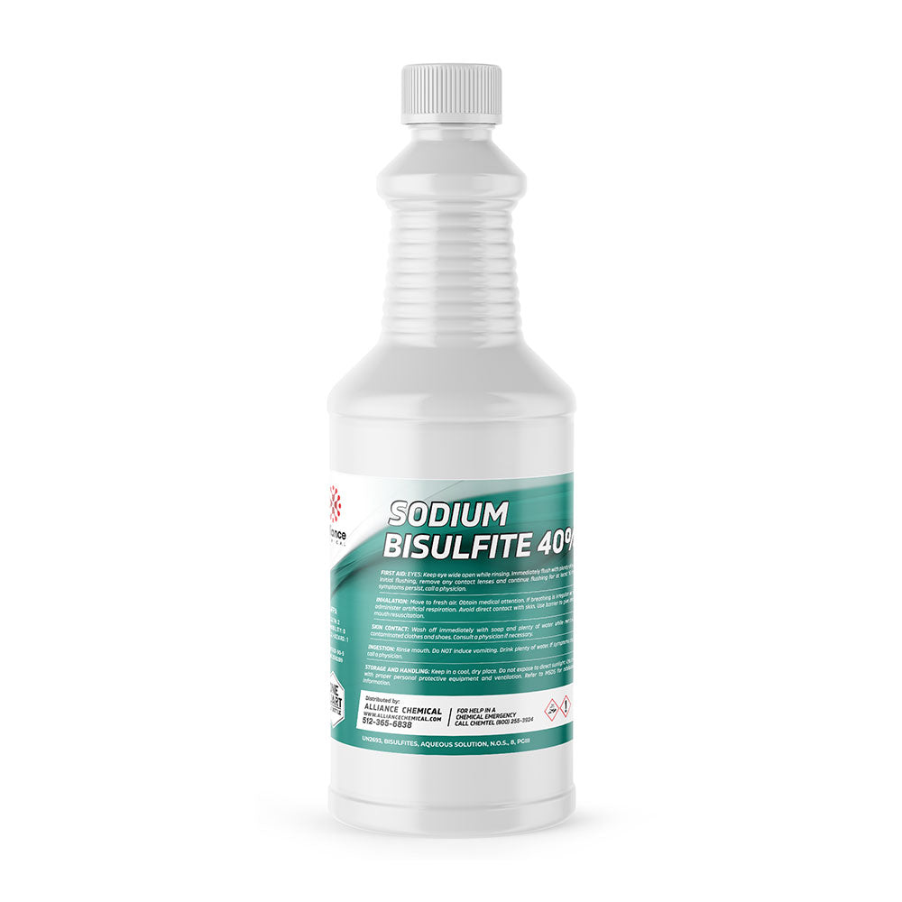 1-quart HDPE bottle of Sodium Bisulfite 40% aqueous solution, white container with teal label, industrial-grade chemical with safety warnings.