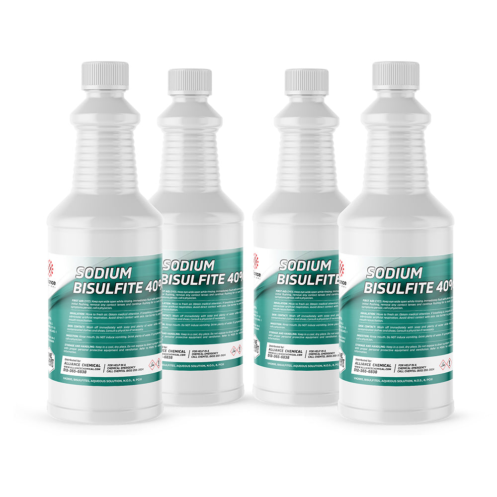 32 oz bottles of Sodium Bisulfite 40% technical grade solution in white HDPE containers with safety caps, hazard labels and green label design.