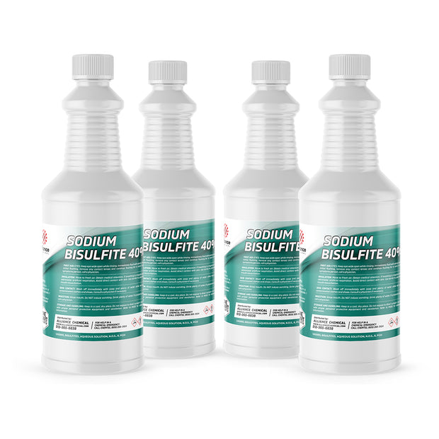 Four 1-quart Alliance Chemical Sodium Bisulfite 40% HDPE bottles with white ribbed caps and product labels.