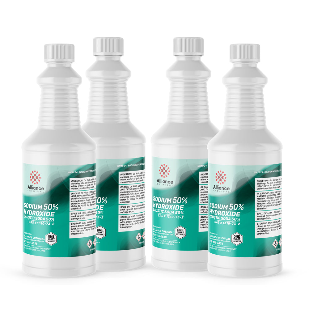 Four 1-quart Alliance Chemical Sodium Hydroxide 50% Membrane Grade plastic bottles with white caps and product labels.