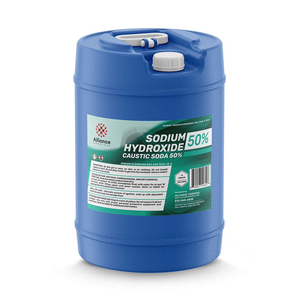 15-gallon blue HDPE carboy of 50% Sodium Hydroxide (Caustic Soda) with safety warning label, dual handles, and white screw cap closure.