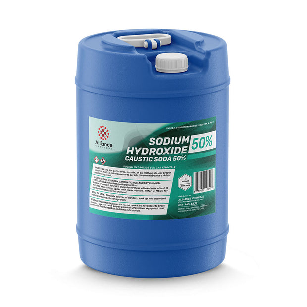15-gallon HDPE drum of Alliance Chemical Sodium Hydroxide 50% Membrane Grade with white cap and product label.
