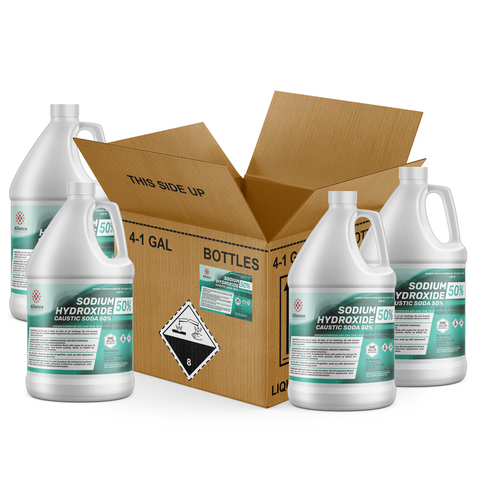 4x1-gallon jugs of 50% Sodium Hydroxide (Caustic Soda) with corrosive Class 8 hazmat symbol, membrane-grade, in HDPE containers with safety labels.